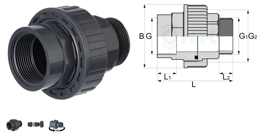 Verschraubung PVC-U 1/2" Innengewinde x Aussengewinde